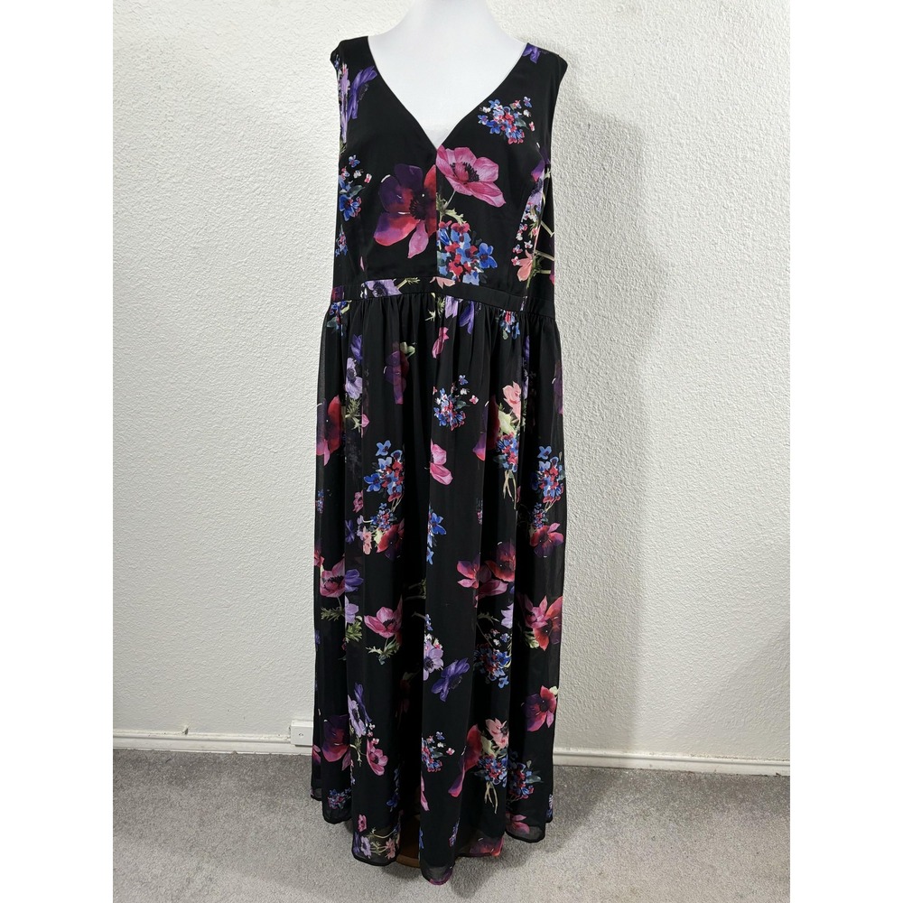 ModCloth Dress Womens 3X Black Floral Maxi Sleeveless V Neck Plus Side Zip Lined